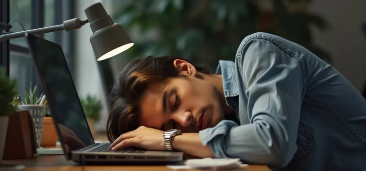 A man sleeping with his head on his desk by his laptop illustrates the effects of circadian rhythm disruption