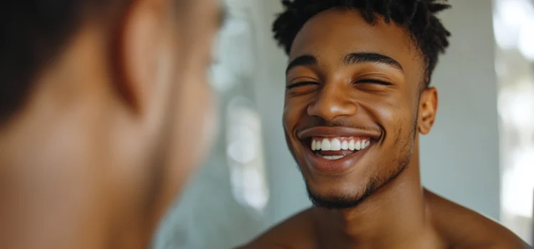 A young man who is looking at his reflection in the mirror and smiling because he is living authentically