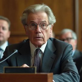 A man in a suit speaking into a microphone at a hearing with several men behind him illustrates the male white establishment