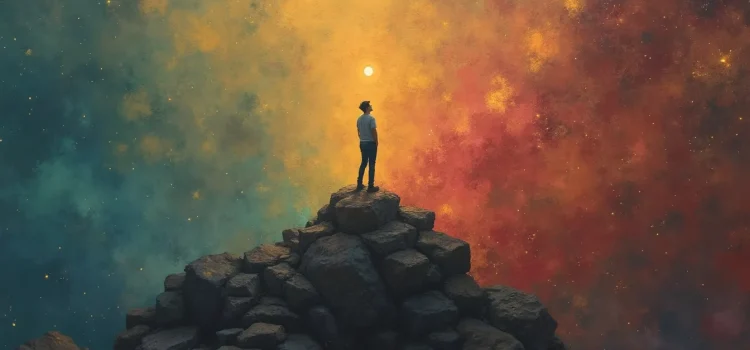 A drawing of a man standing on a rock pile and looking up at the sky illustrates the question What do you want out of life?