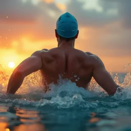 A man wearing a swim cap seen from behind swimming at sunrise illustrates the link between circadian rhythm and exercise