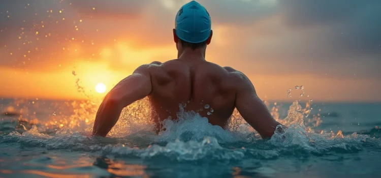 A man wearing a swim cap seen from behind swimming at sunrise illustrates the link between circadian rhythm and exercise