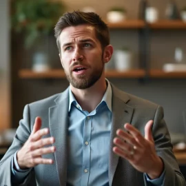 A bearded man in an office wearing a buttoned shirt and jacket talking with hand gestures illustrates how to show competence