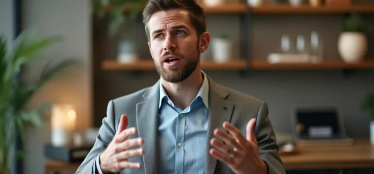 A bearded man in an office wearing a buttoned shirt and jacket talking with hand gestures illustrates how to show competence