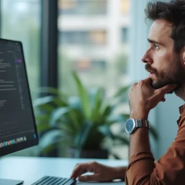 A dark-haired bearded man thinking and looking at a computer screen while doing UX testing