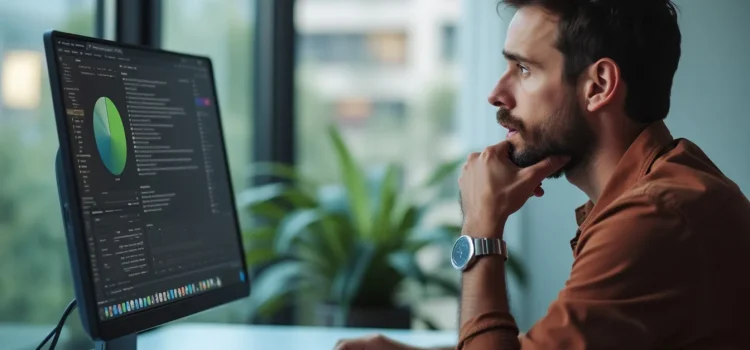 A dark-haired bearded man thinking and looking at a computer screen while doing UX testing