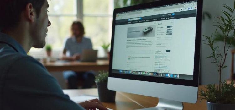 A man looking at a website on a desktop computer illustrates the importance of using a standard web page layout