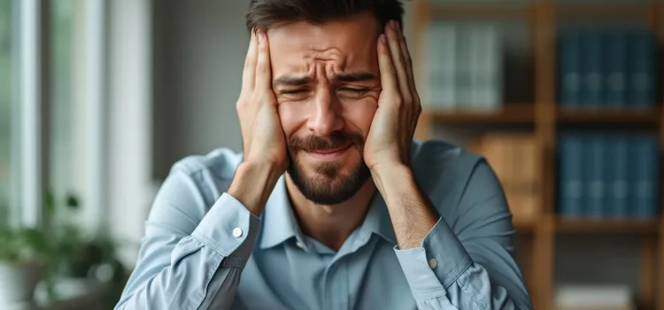 A man wincing and holding his head between his hands illustrates common mistakes entrepreneurs make