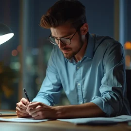 A man working at his desk at night with his sleeves rolled up illustrates tenacity in business