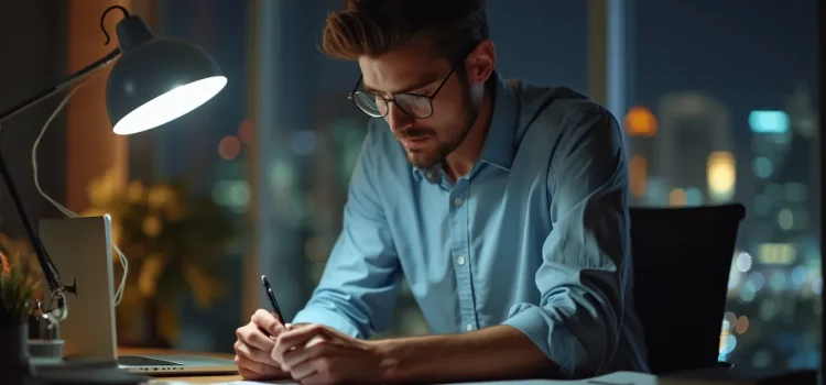 A man working at his desk at night with his sleeves rolled up illustrates tenacity in business