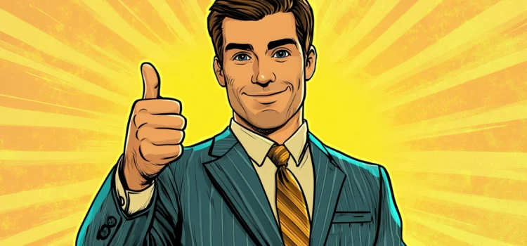 A manager in a suit giving a thumbs up as positive reinforcement for employees