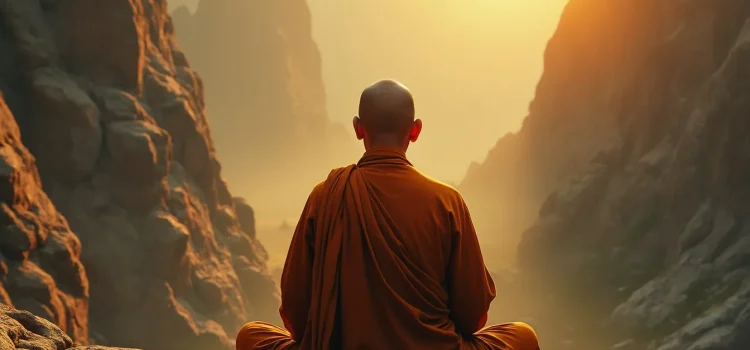 A Tibetan yogi seen from the back meditating in the mountains illustrates the effects of long-term meditation