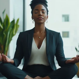 A female business leader doing meditation in her office, showing how to take care of yourself as a woman