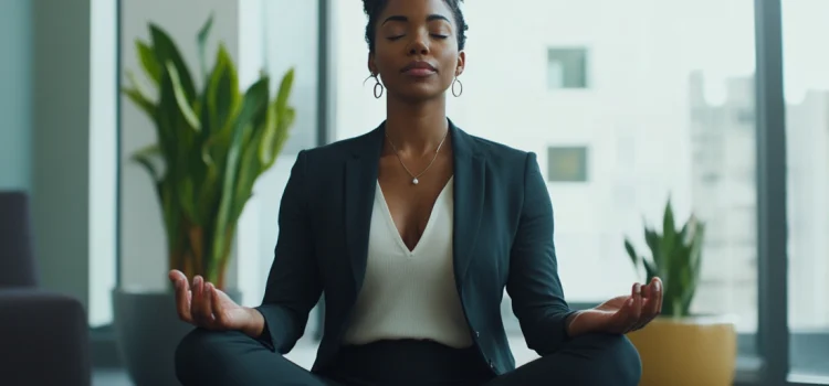 A female business leader doing meditation in her office, showing how to take care of yourself as a woman