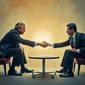 Two men in suits sitting in orange chairs and shaking hands across a small table illustrate how to negotiate in business