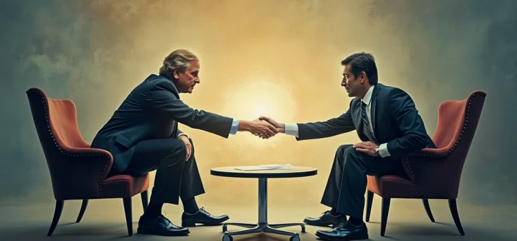 Two men in suits sitting in orange chairs and shaking hands across a small table illustrate how to negotiate in business