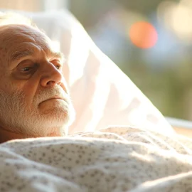 A middle aged man in a hospital gown in a gurney who is reflecting on his relationship regrets because he's alone