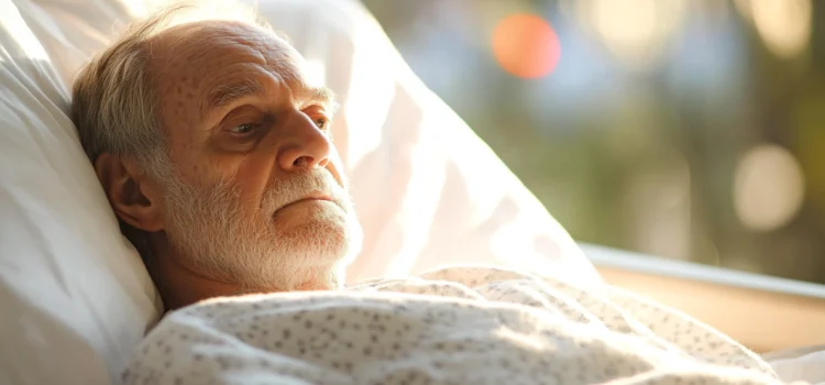 A middle aged man in a hospital gown in a gurney who is reflecting on his relationship regrets because he's alone