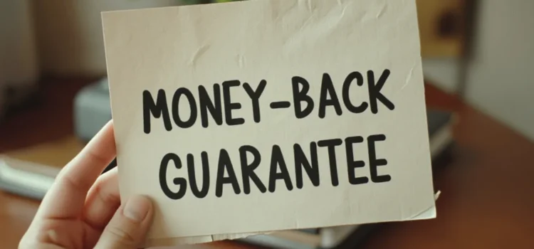 A person holding a piece of paper that says "Money-Back Guarantee"