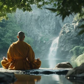 A Korean Buddhist monk meditating in front of a waterfall in the forest.