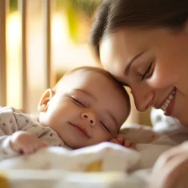 A mother and her newborn baby touching foreheads in a crib, thanks to the best newborn sleep schedule