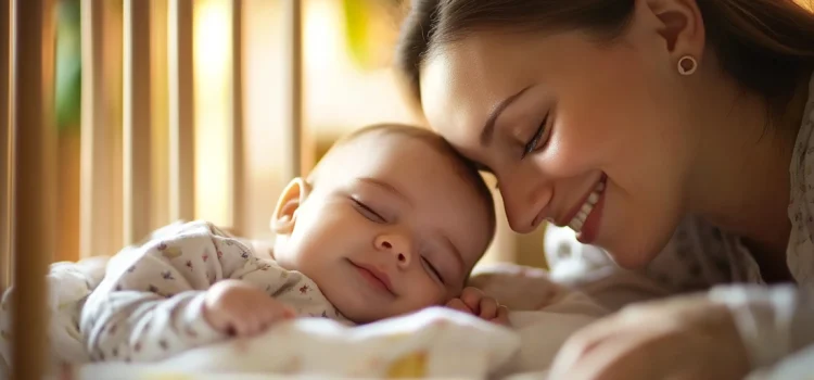 A mother and her newborn baby touching foreheads in a crib, thanks to the best newborn sleep schedule