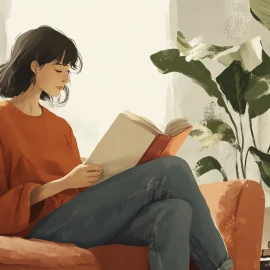 A mother reading a book on a couch