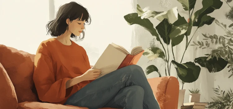 A mother reading a book on a couch