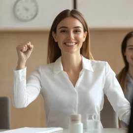 A manager using one way to motivate staff by raising her fist in a meeting