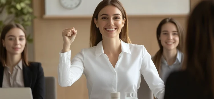 A manager using one way to motivate staff by raising her fist in a meeting