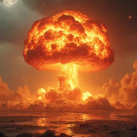 A fiery mushroom cloud from a nuclear bomb explosion illustrates anthropogenic threats to humanity