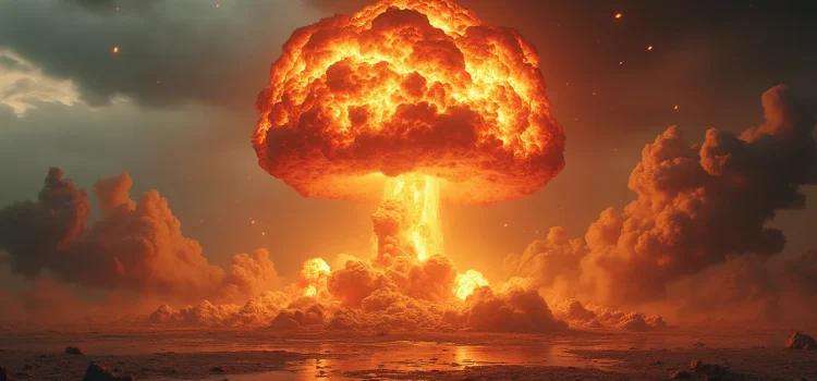 A fiery mushroom cloud from a nuclear bomb explosion illustrates anthropogenic threats to humanity