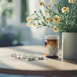 The different types of adhd medication on a table: natural herbs and a prescription bottle with pills