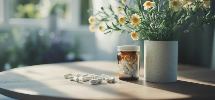 The different types of adhd medication on a table: natural herbs and a prescription bottle with pills