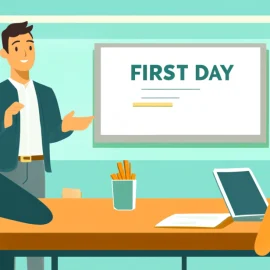 A manager conducting the orientation process for new employees with a powerpoint that says "FIRST DAY"