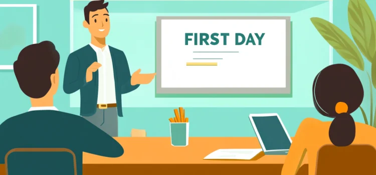 A manager conducting the orientation process for new employees with a powerpoint that says "FIRST DAY"