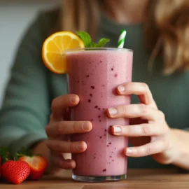 A woman's hands holding on to a glass full of a fruit smoothie illustrates the link between nutrition and metabolism