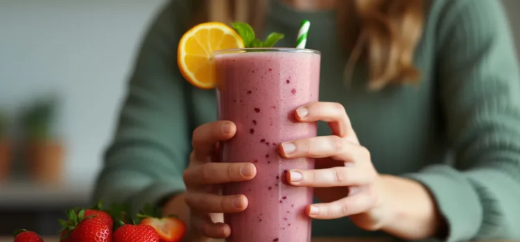 A woman's hands holding on to a glass full of a fruit smoothie illustrates the link between nutrition and metabolism