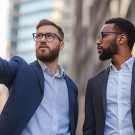 A business leader pointing in a direction after an employee asking for guidance