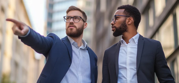 A business leader pointing in a direction after an employee asking for guidance