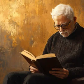 An older man reading a book in front of a gold background