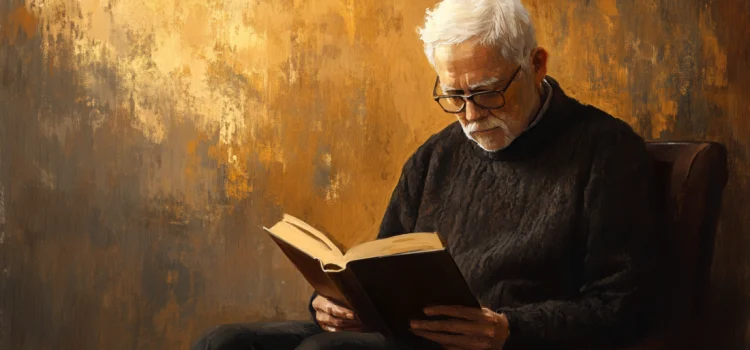 An older man reading a book in front of a gold background