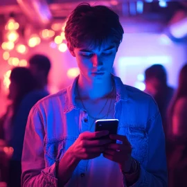 A man alone at a party full of people, representing one of the effects of technology addiction by texting on his phone