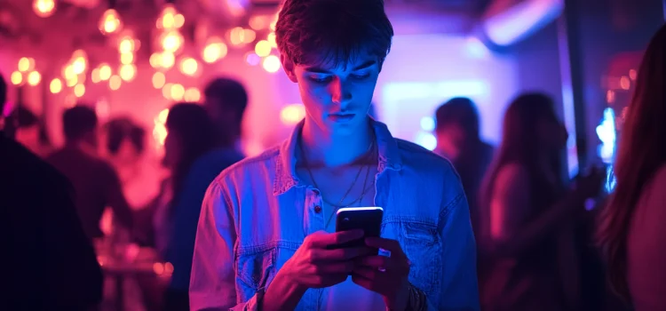 A man alone at a party full of people, representing one of the effects of technology addiction by texting on his phone