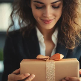 A woman in a suit waiting for good and bad surprises by holding an unopened present