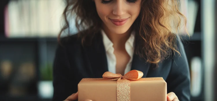 A woman in a suit waiting for good and bad surprises by holding an unopened present