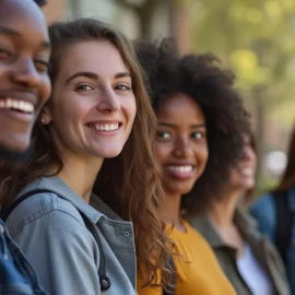 Racially diverse students on a university campus illustrate the intersection of higher education and race