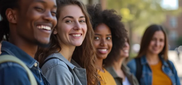 Racially diverse students on a university campus illustrate the intersection of higher education and race