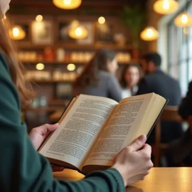 A woman sitting at a table in a cafe reading a book with other people in the background sitting at tables