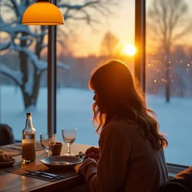 A woman sitting at a dinner table while the sun sets over a snowy landscape outside illustrates Dr. Satchin Panda's diet tips